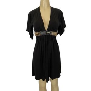 SKY Mini Dress Black Deep V neck Belt Chain Open Back Flutter Sleeve M